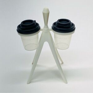 Vintage Tupperware Midget Atomic Tripod Salt & Pepper Shakers Black White  Clear